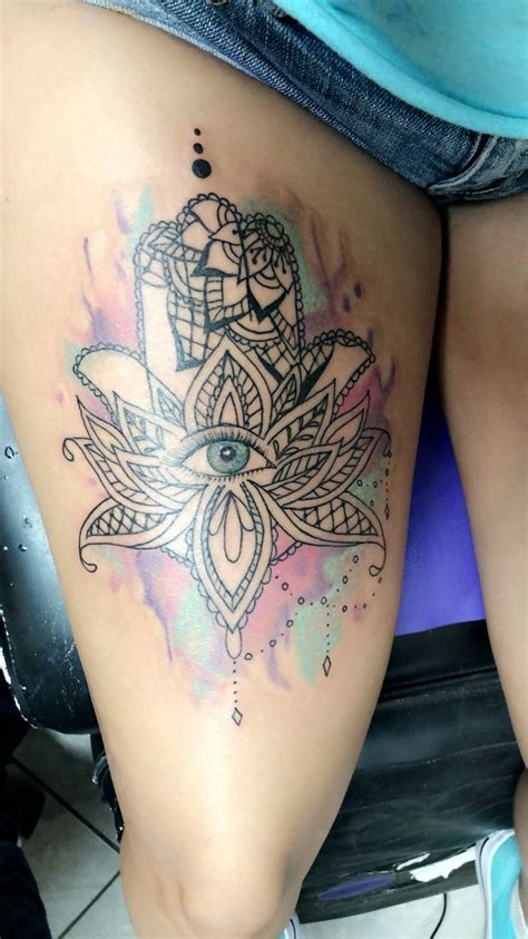 Classic lotus tattoo on thigh. Hamsa Lotus Thigh Tattoo | Hamsa hand tattoo, Thigh tattoo ...