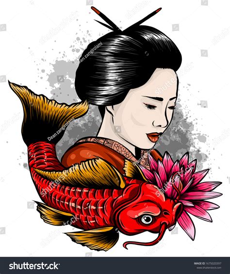 Vector illustration of Japanese geisha feeding - Royalty Free Stock