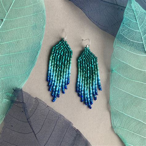 Turquoise beaded earrings Long earrings Fringe earrings Ombre earrings Seed bead earrings 