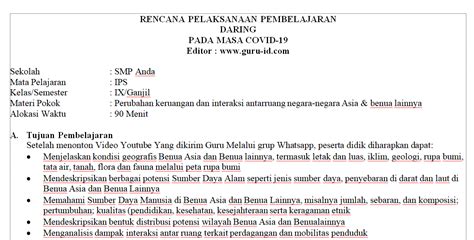 Rpp daring smp/mts full semester masa covid perangkat pembelajaran wajib dimiliki oleh guru, karena mengajar tanpa menggunakan. Contoh RPP daring IPS Kelas 9 Semester 1 dan 2 - Info Pendidikan Terbaru