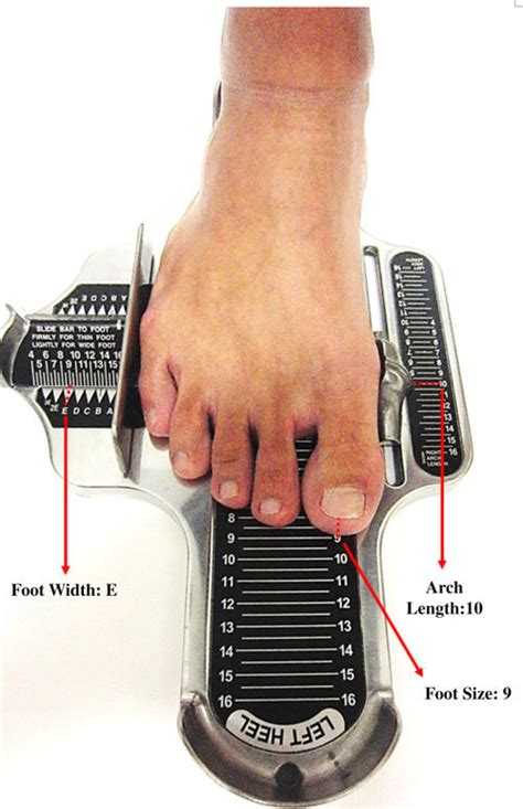 Be sure to measure both feet, then fit the larger foot. Brannock foot device indicating right foot measurements ...