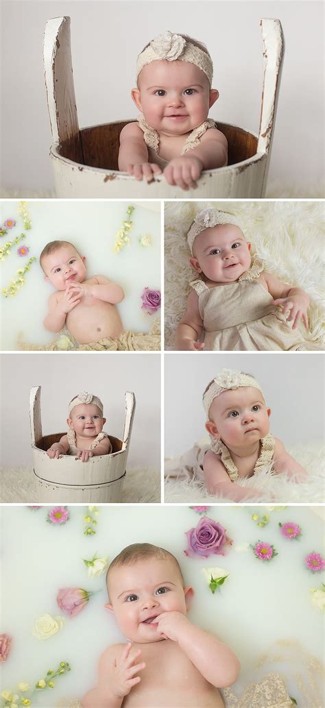 Baby's first bath is a sweet and fun experience for you and for your baby — and your baby ends up smelling wonderful. CT child photographer milk bath baby photos 6 Month old ...