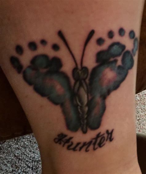 Sometimes, the birth dates, names, initials, dates or pictures are also placed somewhere near them. Footprint butterfly tattoo | Butterfly tattoo, Tattoos, I ...