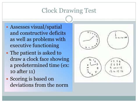 The clock drawing test can be used to test patients you suspect might have mild cognitive impairment or alzheimer's disease. PPT - Mental Status PowerPoint Presentation, free download ...