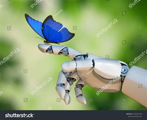 Butterfly on robot hand, technology and nature 3d ...