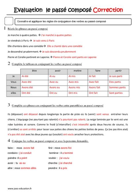 Leçon, exercices et évaluation à imprimer de la catégorie fractions : Passé composé - Cm2 - Evaluation - Pass Education