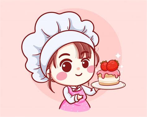 Cartoon white stroke chef hat clipart. Cute Bakery Chef Girl Holding A Cake Smiling Cartoon Art ...