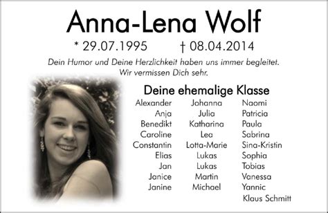 Maybe you would like to learn more about one of these? Traueranzeigen von Anna-Lena Wolf | trauer36.de