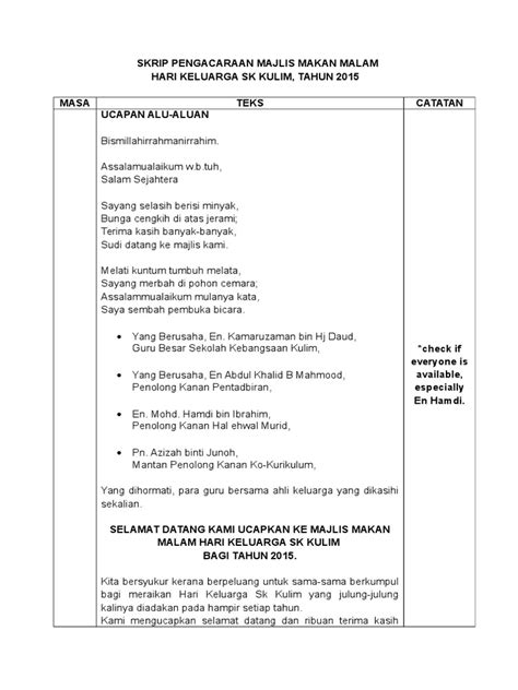 Protokol penting bagi pengendalian sesuatu majlis terutama majlis rasmi dan formal bagi menjamin kelancaran perjalanan. Skrip Pengacaraan Majlis Makan Malam