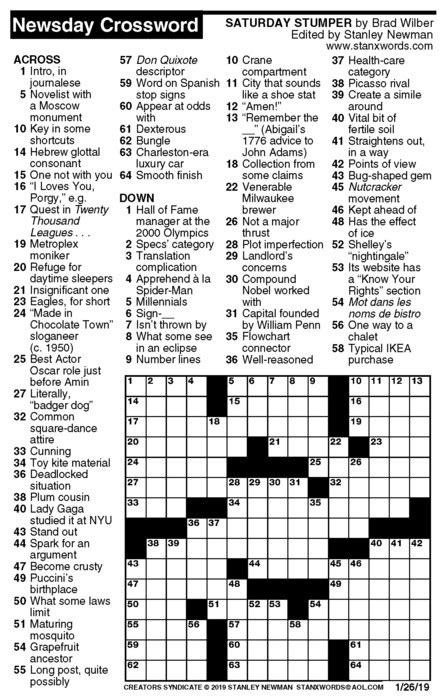 This site gives you all the crossword clues, crossword help & solutions. Newsday Crossword Puzzle for Jan 26, 2019, by Stanley ...