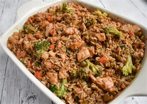 Layer peas and carrots onto rice. Low-FODMAP Teriyaki Chicken Casserole; Gluten-free, Dairy ...