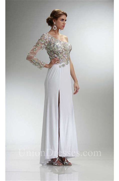 Thankfully when i pulled the dress. One Shoulder Long Sleeve White Chiffon Beaded Prom Dress ...