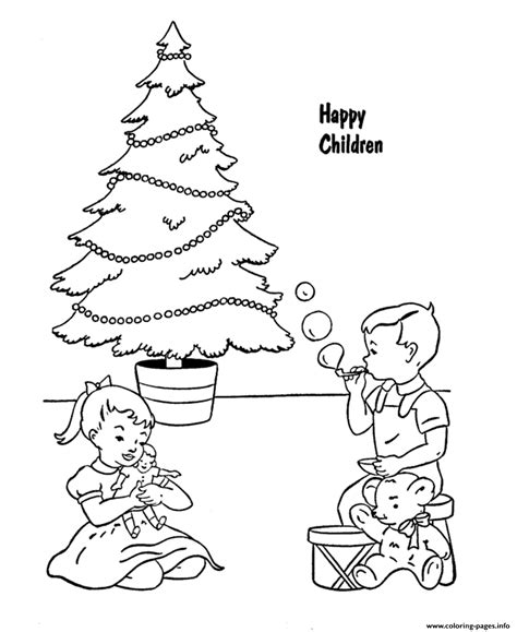 This festive christmas tree is covered with ornaments and decorations, but it needs some color to really shine! Happy Children With Presents Christmas S Printable1c007 Coloring Pages Printable