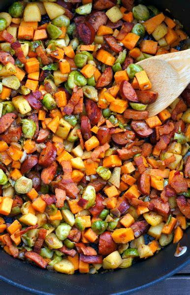 Step 2 stir onion, pinch of salt, and pinch of pepper in with the sausages. Chicken Sausage Skillet with Sweet Potatoes, Brussels ...