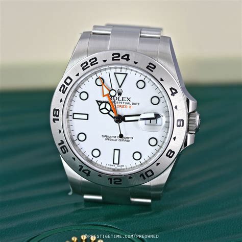 The rolex explorer ii sports watch is a bold and modern update to the original explorer of the 1950s, inspired by the timepiece that accompanied sir edmund hillary and tenzing the white and the black dial of this watch are both distinctive against the oystersteel case. Pre-owned Rolex Explorer II 42mm 216570 White