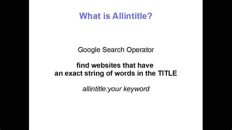 Sign in to your allintitle account and continue your keyword research, serp analysis of competitors, rank tracking. How to Use Google Allintitle Search - YouTube