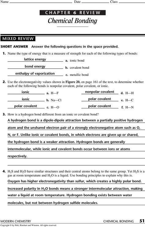 Students will use scientific skills and processes to explain the composition, structure, and interactions of matter in order to support the. Chapter 6 Review Chemical Bonding Answer The Following ...