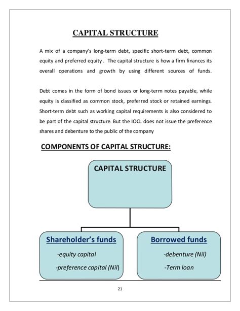 Capital structure is the specific mix of debt and equity that a firm uses to finance its operations (abor, 2005). Capital structure Analysis of Indian Oil Corporation ...