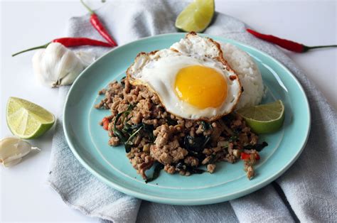 Basil, mushroom, onion and scallion in red pepper sauce. Pad Grao Prao: a Thai street food staple made with pork ...