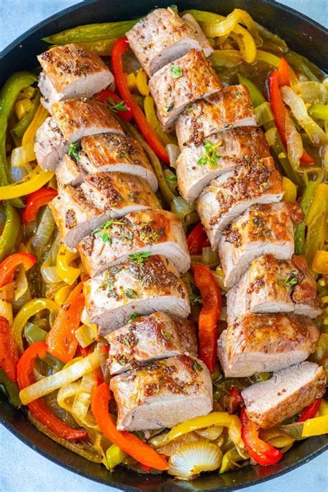 Stand for 5 minutes, serve on a bed of lettuce. Juicy Pork Tenderloin with Peppers and Onions | Recipe ...