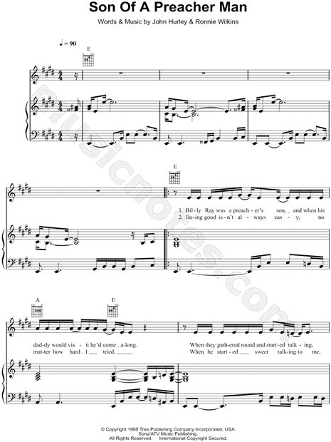 Son of a preacher man is a song written and composed by american songwriters john hurley and ronnie wilkins and recorded by british singer dusty springfield in september 1968 for the album dusty in memphis. Aretha Franklin "Son of a Preacher Man" Sheet Music in E ...