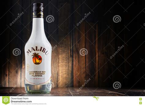 Malibu is a coconut flavored liqueur, made with caribbean rum, and possessing an alcohol content by volume of 21.0 % (42 proof). Bottle Of Malibu Caribbean Rum With Coconut Flavour Editorial Stock Photo - Image of liqueur ...