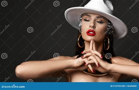 Rich Naked Woman Lady with Red Lips Wearing Gold Collar, Earrings and 