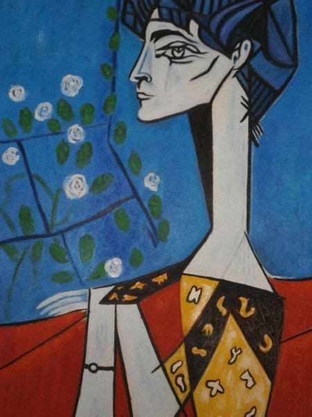 This is far from a traditional portrait of an artist's beloved, but there are clues to its representational content. nach Picasso: Jacqueline mit Blumen von Perlay Perlay at ...