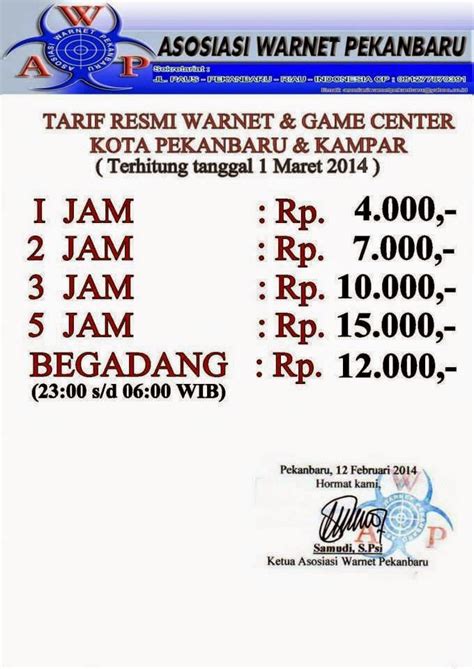 Pelanggan tidak diperkenankan untuk melakukan pembayaran biaya pasang baru secara tunai selain melalui plasa telkom. Log Warnet: Tarif Resmi Asosiasi Warnet Pekanbaru