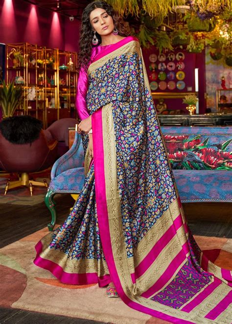 Huge collection of branded clothes only at flipkart.com Blue Floral Print Saree Wit... in 2020 | Crepe saree ...