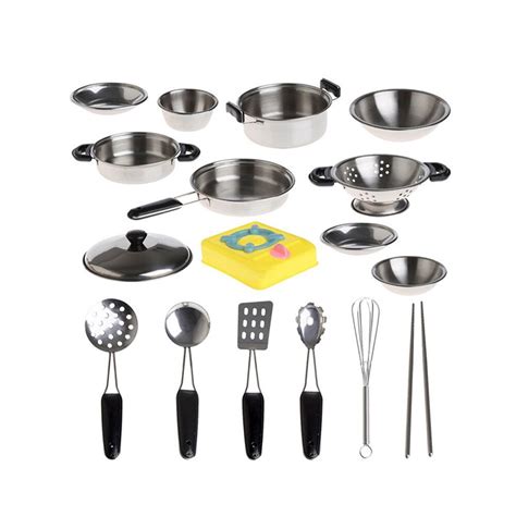 Cooking set featuring durable, stainless steel pot, pan, burner, and utensils. Safety Stainless Steel Kid House Kitchen Toy Cooking ware ...