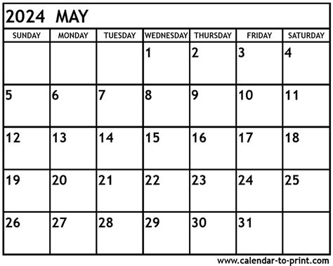 Days aligned horizontally (days of the week in the same row) for easy week overview; May 2024 Calendar Printable