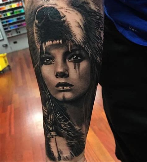 This design is done as a portrait of a woman wearing a wolf's head as a headdress. 60+ Stunning Native American Women Tattoos - Leaky ...