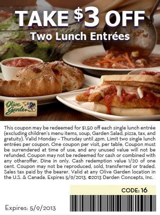 Come to olive garden to share a meal with friends at prices you can afford. Olive garden coupons printable code for restaurant lunch ...