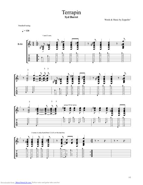 Includes transpose, capo hints, changing speed and much more. Terrapin guitar pro tab by Syd Barrett @ musicnoteslib.com