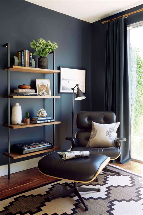 The furniture should be big and bold when it comes to masculine home office designs. Emily Henderson_Home Office_Dark_Modern_Masculine_1 # ...
