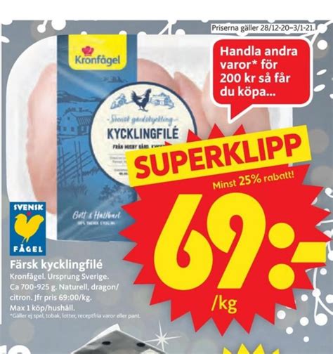 Man kan steka, grilla eller tillaga i ugn. Kronfågel, Kycklingfilé, ICA Supermarket december 2020