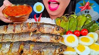 ASMR FRIED FISH, EGGS, GRILLED PEPPER, CHILI, RICE CURRY SAUCE MASSIVE Eating Sounds