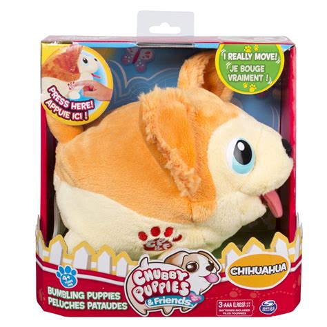 The chubby puppies & friends bumbling plush is for ages 4+ and requires 3 aaa batteries (included). Spin Master - Chubby Puppies Bumbling Plush Chihuahua