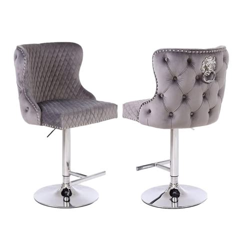 Upholstered in sumptuous velvet, the softly padded seat. Valentino Grey Velvet Deep Tufted Lion Head Bar Stool ...