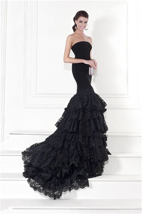 Decorating the alter in lace can add elegance to your wedding. Mermaid Strapless Black Satin Lace Ruffle Tiered Prom Dress