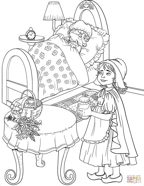 Little red riding hood coloring pages. Little Red Riding Hood Looks at the Wolf Disguised as the ...