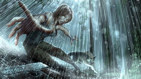 Tomb Raider, Rain, Wolf, Lara Croft - From games wallpapers: 4961x2791