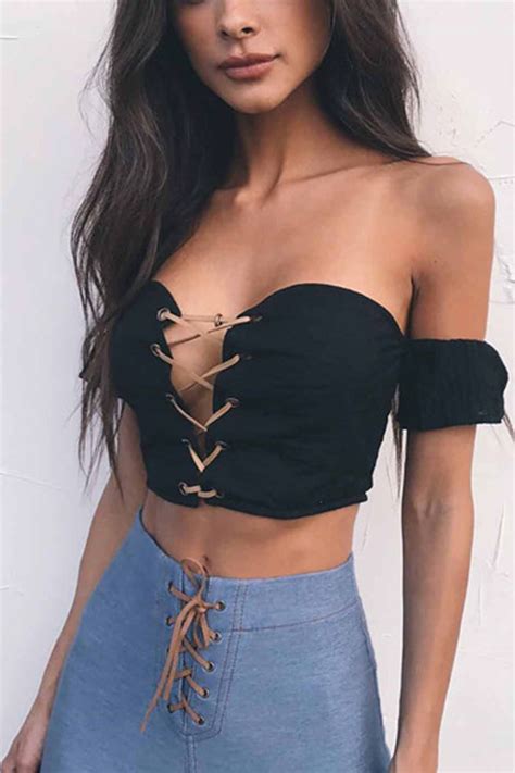 Discover the latest women's crop tops online at showpo. Black Off Shoulder Lace Up Short Sleeve Sexy Crop Top ...