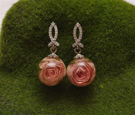 Add these pretty soft pink globe amaranth natural flow. Pink rose earrings Botanical resin earrings Wedding sphere ...