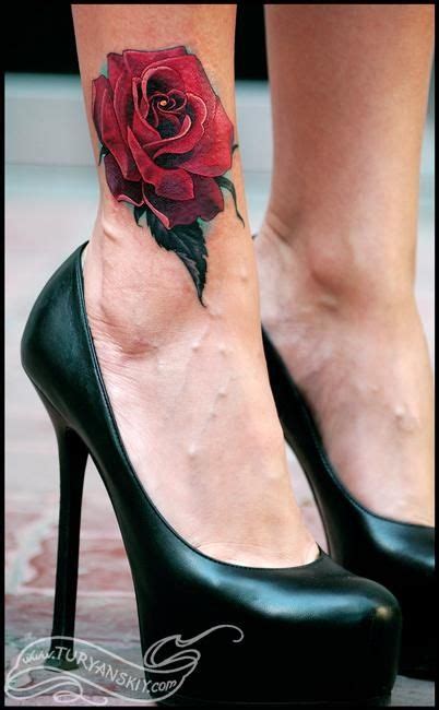 Creative ankle bracelet tattoo designs. Beauty Red Rose on ankle tattoo | Ankle tattoo designs ...