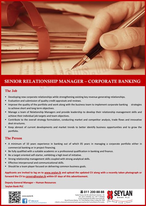 Develop positive working relationships with all customer touch points. Senior Relationship Manager - Corporate Bank - Onlinejobs.lk