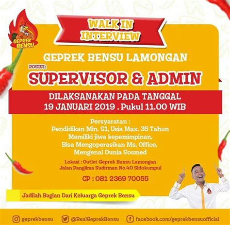 We did not find results for: Walk In Interview Supervisor dan Admin Geprek Bensu ...