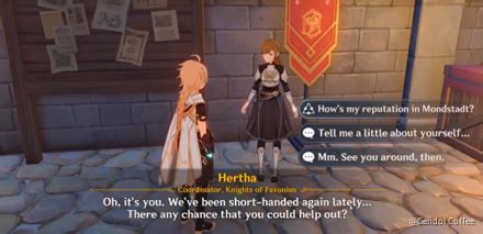 She can be found in the city of mondstadt, and players can view their mondstadt reputation by talking to her. 26+ Hertha Genshin Impact Location Pics - Trend News Power