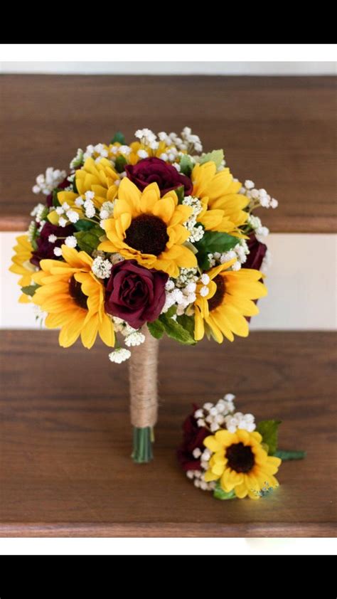 Before arranging, give each flower a quick quality check, removing brown petals. Sunflower wedding bouquets with burgundy accent, bridal ...